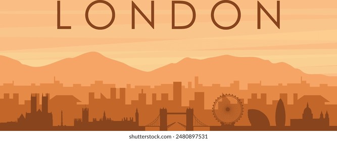 Brown panoramic poster of the city skyline with misty background buildings, sunrise, clouds and mountains of LONDON, UNITED KINGDOM