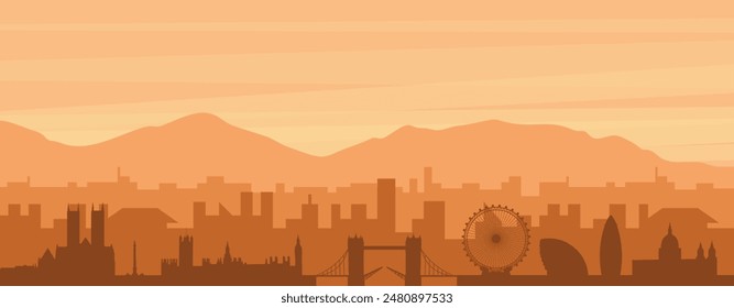 Braunes Panoramaposter der Stadtsyline mit nebeligen Hintergrundgebäuden, Sonnenaufgang, Wolken und Bergen von LONDON, VEREINIGTES KÖNIGREICH