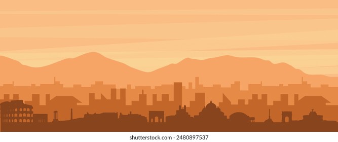 Brown panoramic poster of the city skyline with misty background buildings, sunrise, clouds and mountains of ROME, ITALY