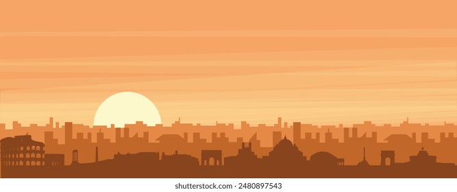 Brown panoramic poster of the city skyline with misty background buildings, sunrise, clouds and mountains of ROME, ITALY