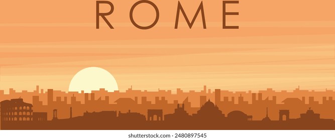 Braunes Panoramaposter der Stadtskyline mit nebeligen Hintergrundgebäuden, Sonnenaufgang, Wolken und Bergen von Rom, ITALIEN