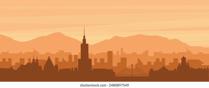 Brown panoramic poster of the city skyline with misty background buildings, sunrise, clouds and mountains of WARSAW, POLAND