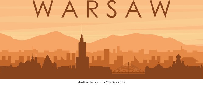 Afiche panorámico marrón del horizonte de la ciudad con edificios de fondo brumoso, amanecer, nubes y montañas de VARSOVIA, POLONIA