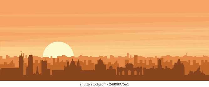 Brown panoramic poster of the city skyline with misty background buildings, sunrise, clouds and mountains of MADRID, SPAIN