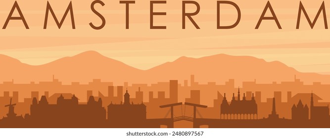 Brown panoramic poster of the city skyline with misty background buildings, sunrise, clouds and mountains of AMSTERDAM, NETHERLANDS