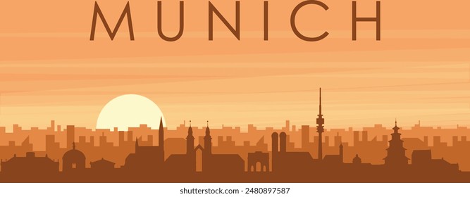 Brown panoramic poster of the city skyline with misty background buildings, sunrise, clouds and mountains of MUNICH, GERMANY