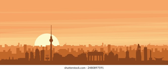 Póster panorámico marrón del horizonte de la ciudad con edificios de fondo brumoso, amanecer, nubes y montañas de BERLÍN, ALEMANIA