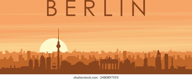 Brown panoramic poster of the city skyline with misty background buildings, sunrise, clouds and mountains of BERLIN, GERMANY