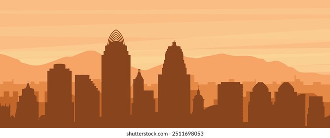 Brown panoramic poster of the city skyline with misty background buildings, sunrise, clouds and mountains of CINCINNATI, UNITED STATES