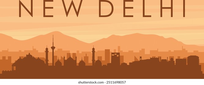 Brown panoramic poster of the city skyline with misty background buildings, sunrise, clouds and mountains of NEW DELHI, INDIA