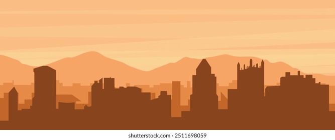 Brown panoramic poster of the city skyline with misty background buildings, sunrise, clouds and mountains of PITTSBURGH, UNITED STATES