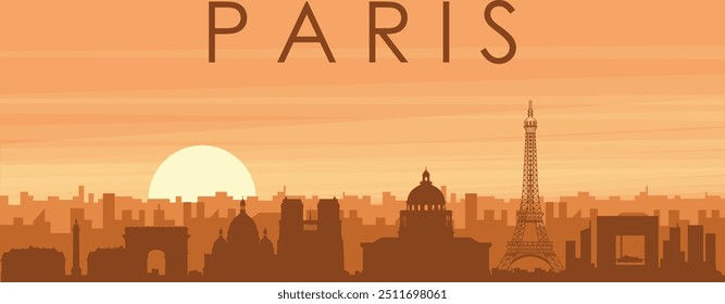 Brown panoramic poster of the city skyline with misty background buildings, sunrise, clouds and mountains of PARIS, FRANCE