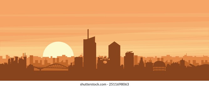 Brown panoramic poster of the city skyline with misty background buildings, sunrise, clouds and mountains of LYON, FRANCE