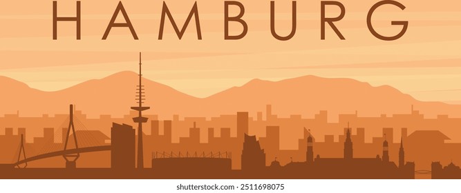 Brown panoramic poster of the city skyline with misty background buildings, sunrise, clouds and mountains of HAMBURG, GERMANY