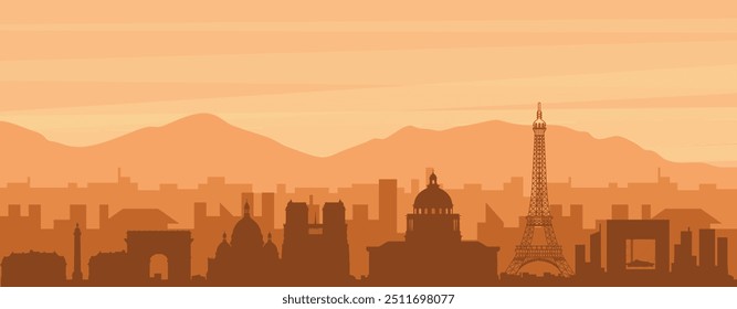 Brown panoramic poster of the city skyline with misty background buildings, sunrise, clouds and mountains of PARIS, FRANCE