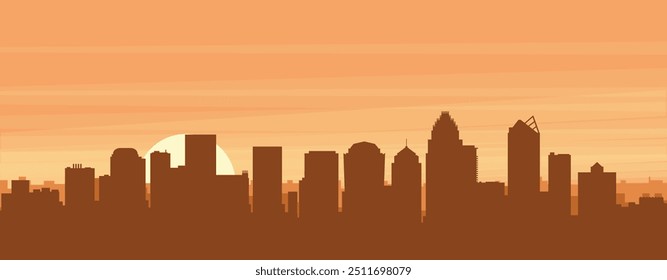 Brown panoramic poster of the city skyline with misty background buildings, sunrise, clouds and mountains of CHARLOTTE, UNITED STATES