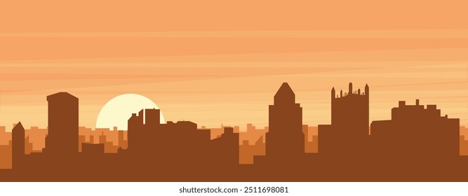 Brown panoramic poster of the city skyline with misty background buildings, sunrise, clouds and mountains of PITTSBURGH, UNITED STATES