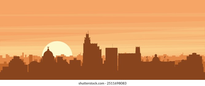 Brown panoramic poster of the city skyline with misty background buildings, sunrise, clouds and mountains of JACKSON, UNITED STATES