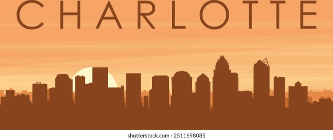 Brown panoramic poster of the city skyline with misty background buildings, sunrise, clouds and mountains of CHARLOTTE, UNITED STATES