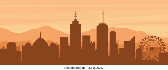 Brown panoramic poster of the city skyline with misty background buildings, sunrise, clouds and mountains of MELBOURNE, AUSTRALIA