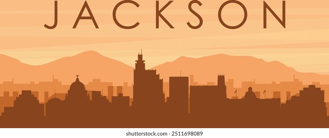 Brown panoramic poster of the city skyline with misty background buildings, sunrise, clouds and mountains of JACKSON, UNITED STATES