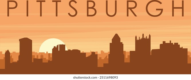 Brown panoramic poster of the city skyline with misty background buildings, sunrise, clouds and mountains of PITTSBURGH, UNITED STATES