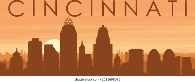 Brown panoramic poster of the city skyline with misty background buildings, sunrise, clouds and mountains of CINCINNATI, UNITED STATES