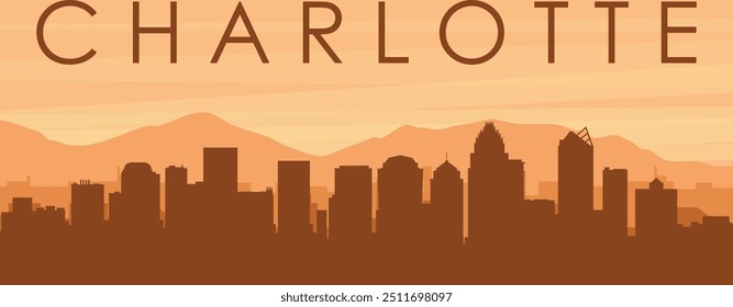 Brown panoramic poster of the city skyline with misty background buildings, sunrise, clouds and mountains of CHARLOTTE, UNITED STATES