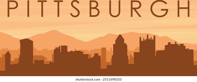 Brown panoramic poster of the city skyline with misty background buildings, sunrise, clouds and mountains of PITTSBURGH, UNITED STATES