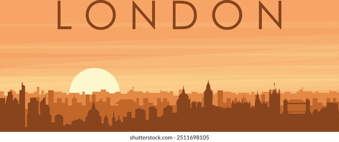 Brown panoramic poster of the city skyline with misty background buildings, sunrise, clouds and mountains of LONDON, UNITED KINGDOM
