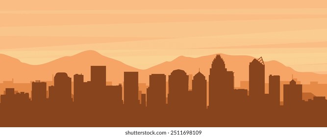 Brown panoramic poster of the city skyline with misty background buildings, sunrise, clouds and mountains of CHARLOTTE, UNITED STATES