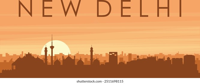 Brown panoramic poster of the city skyline with misty background buildings, sunrise, clouds and mountains of NEW DELHI, INDIA