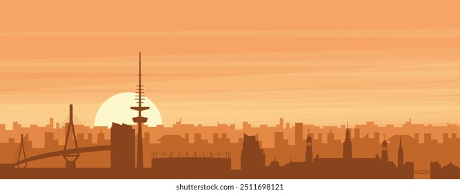 Brown panoramic poster of the city skyline with misty background buildings, sunrise, clouds and mountains of HAMBURG, GERMANY