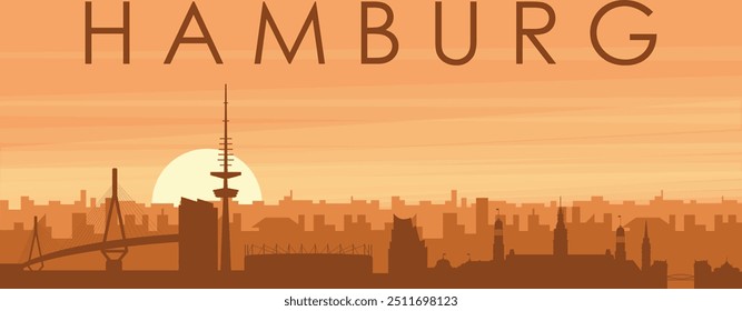 Brown panoramic poster of the city skyline with misty background buildings, sunrise, clouds and mountains of HAMBURG, GERMANY