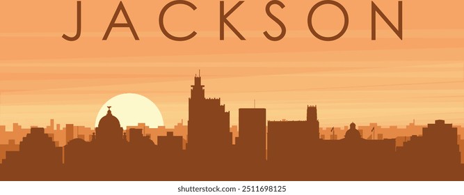 Brown panoramic poster of the city skyline with misty background buildings, sunrise, clouds and mountains of JACKSON, UNITED STATES