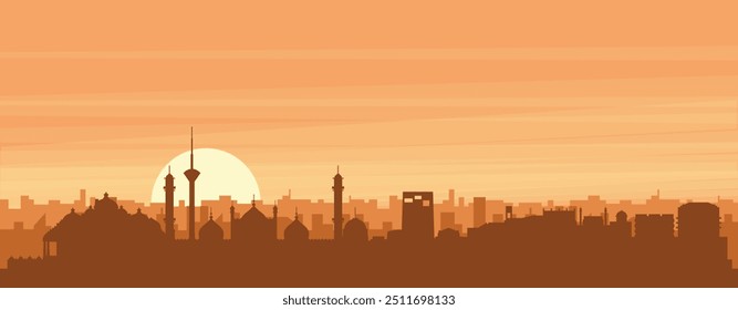 Brown panoramic poster of the city skyline with misty background buildings, sunrise, clouds and mountains of NEW DELHI, INDIA