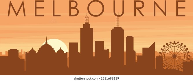 Brown panoramic poster of the city skyline with misty background buildings, sunrise, clouds and mountains of MELBOURNE, AUSTRALIA