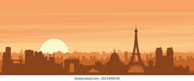 Brown panoramic poster of the city skyline with misty background buildings, sunrise, clouds and mountains of PARIS, FRANCE