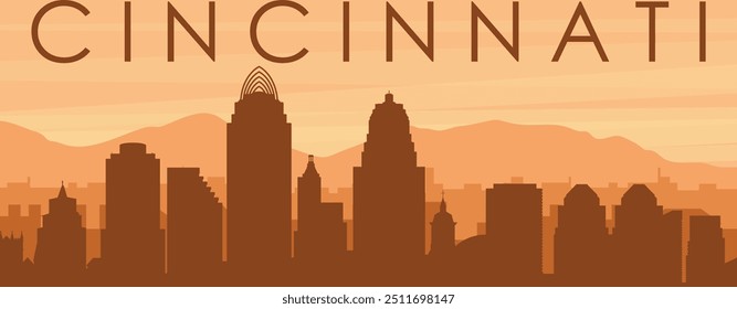 Brown panoramic poster of the city skyline with misty background buildings, sunrise, clouds and mountains of CINCINNATI, UNITED STATES