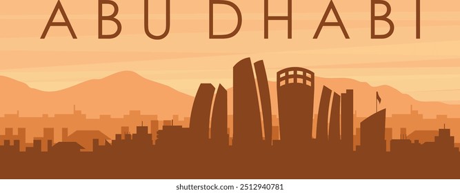 Brown panoramic poster of the city skyline with misty background buildings, sunrise, clouds and mountains of ABU DHABI, UNITED ARAB EMIRATES