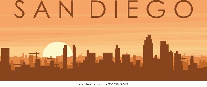 Brown panoramic poster of the city skyline with misty background buildings, sunrise, clouds and mountains of SAN DIEGO, UNITED STATES