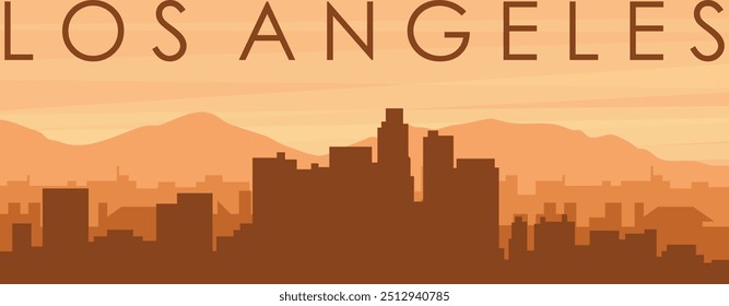 Brown panoramic poster of the city skyline with misty background buildings, sunrise, clouds and mountains of LOS ANGELES, UNITED STATES