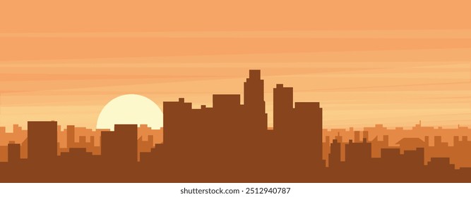 Brown panoramic poster of the city skyline with misty background buildings, sunrise, clouds and mountains of LOS ANGELES, UNITED STATES