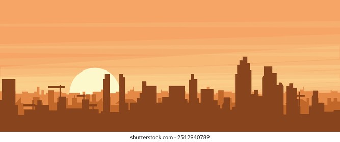 Brown panoramic poster of the city skyline with misty background buildings, sunrise, clouds and mountains of SAN DIEGO, UNITED STATES