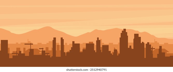 Brown panoramic poster of the city skyline with misty background buildings, sunrise, clouds and mountains of SAN DIEGO, UNITED STATES