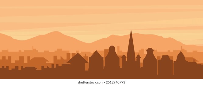 Brown panoramic poster of the city skyline with misty background buildings, sunrise, clouds and mountains of AMSTERDAM, NETHERLANDS