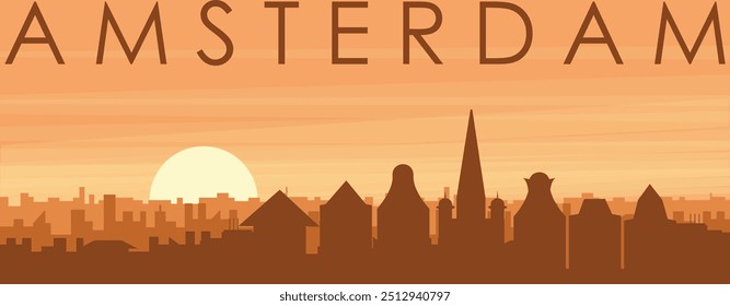 Brown panoramic poster of the city skyline with misty background buildings, sunrise, clouds and mountains of AMSTERDAM, NETHERLANDS