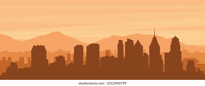 Brown panoramic poster of the city skyline with misty background buildings, sunrise, clouds and mountains of PHILADELPHIA, UNITED STATES