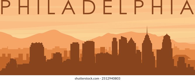 Brown panoramic poster of the city skyline with misty background buildings, sunrise, clouds and mountains of PHILADELPHIA, UNITED STATES