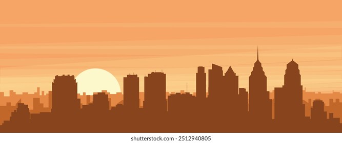 Brown panoramic poster of the city skyline with misty background buildings, sunrise, clouds and mountains of PHILADELPHIA, UNITED STATES